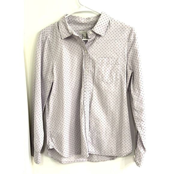 J. Crew Lavender Oxford Button-Down Long-Sleeve Shirt w/Navy Polka Dots EUC Sz 8 - Picture 1 of 7
